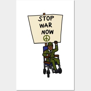 Stop war. No war. Disability veteran military on wheelchair protest. Posters and Art